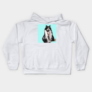 Tuxedo Cat Cute Drawing - on Turquoise Kids Hoodie